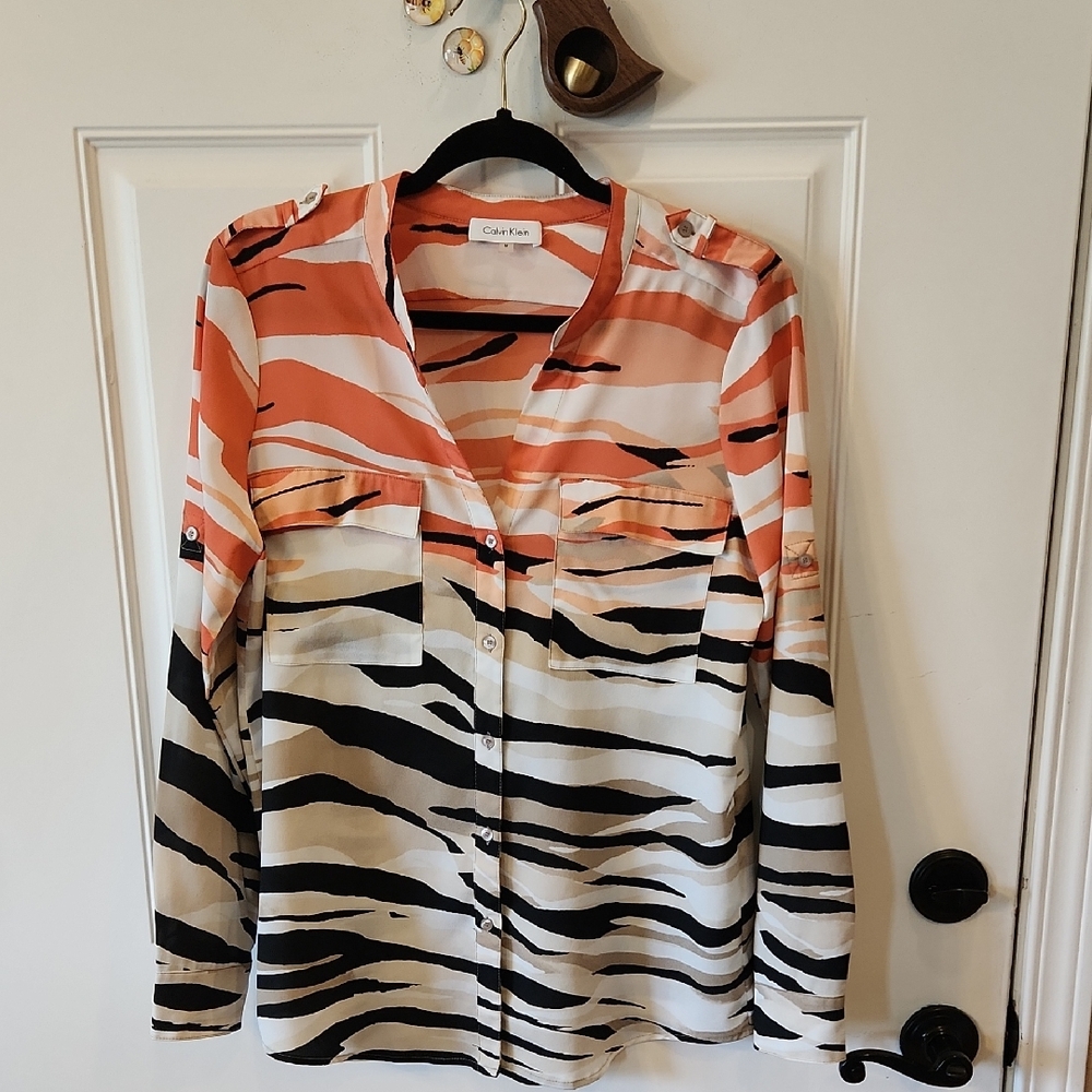 Calvin Klein Orange Graphic Long Sleeve Blouse